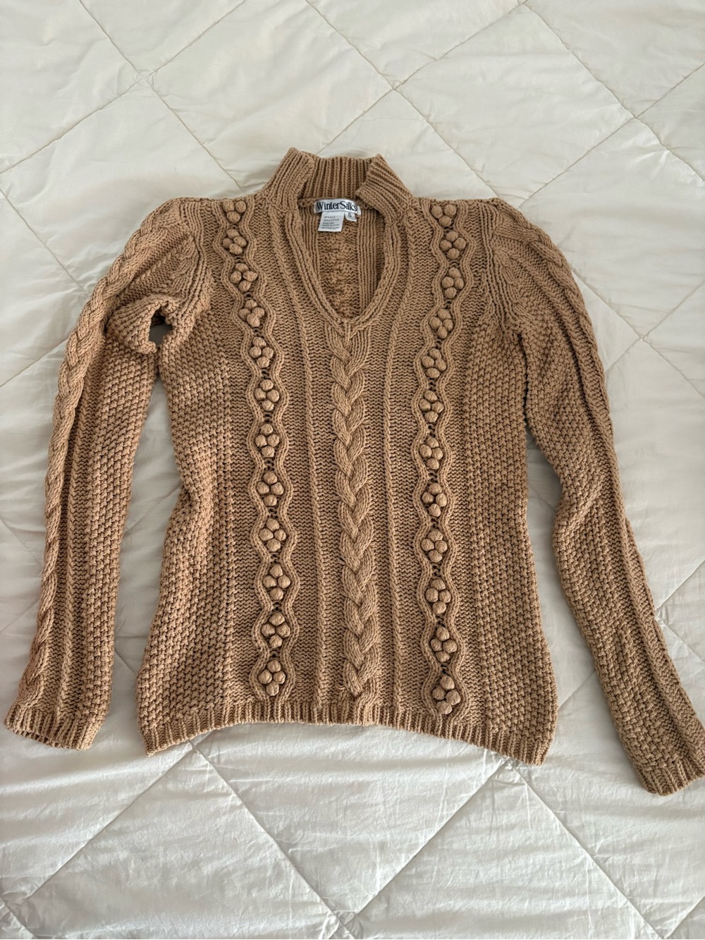 WINTER SILKS Tan Beige Cable Knit Long Sleeve Silk Blend Sweater V neck